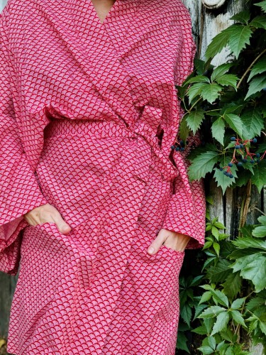 kimono męskie czerwono białe wachlarze bawełna popelina