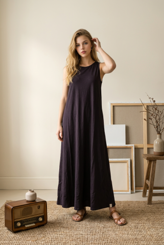 sukienka dress brąz brown maxi len long kieszenie