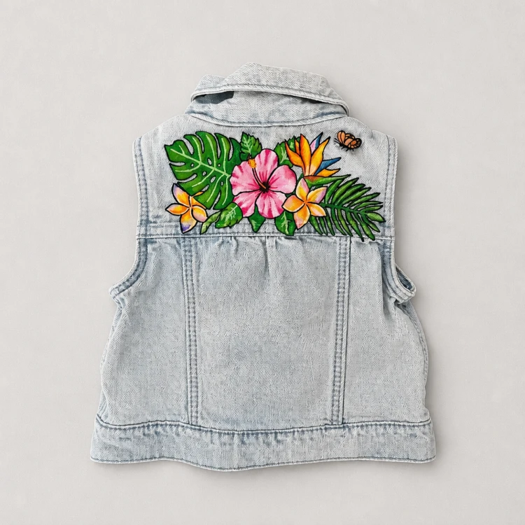 jeans kurtka malowana kwiaty aloha vintage