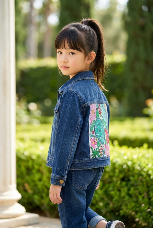 kid dziecko kurtka jeans malowana kwiaty żółw