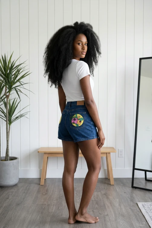 vintage jeans kieszenie malowane kwiaty fala