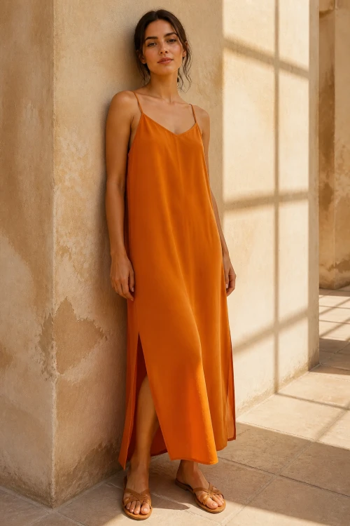 len wiskoza sukienka pomarańczowa na szelkach z klieszeniami Orange długa wakacyjna dress