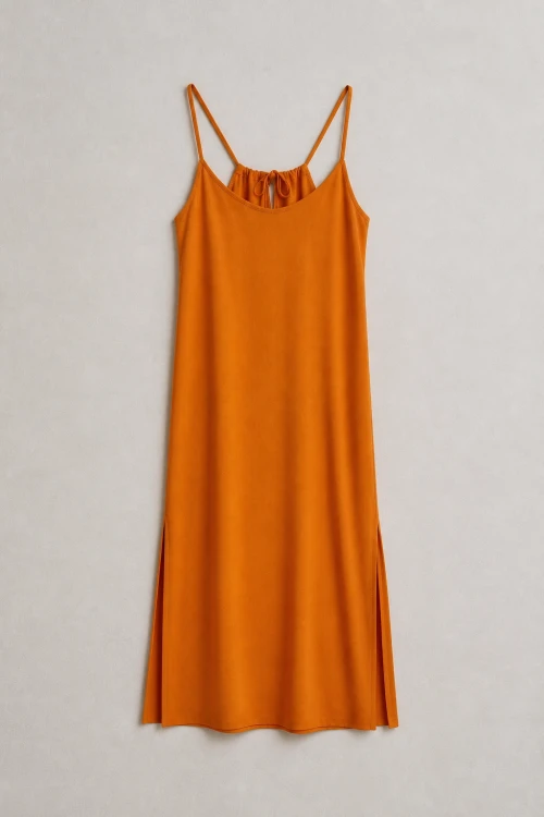 len wiskoza sukienka pomarańczowa na szelkach z klieszeniami Orange długa wakacyjna dress