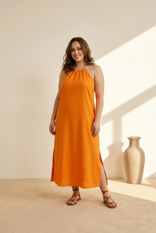 len wiskoza sukienka pomarańczowa na szelkach z klieszeniami Orange długa wakacyjna dress