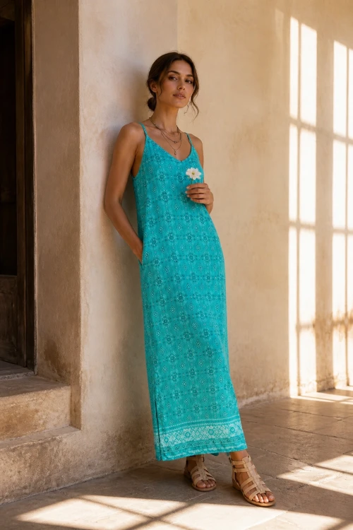 Turkusowa sukienka blue lagoon dress long wiskoza Z kieszeniami