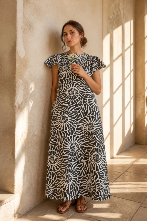 sukienka maxi dress shells muszle długa wiskoza z kieszeniami rękawek
