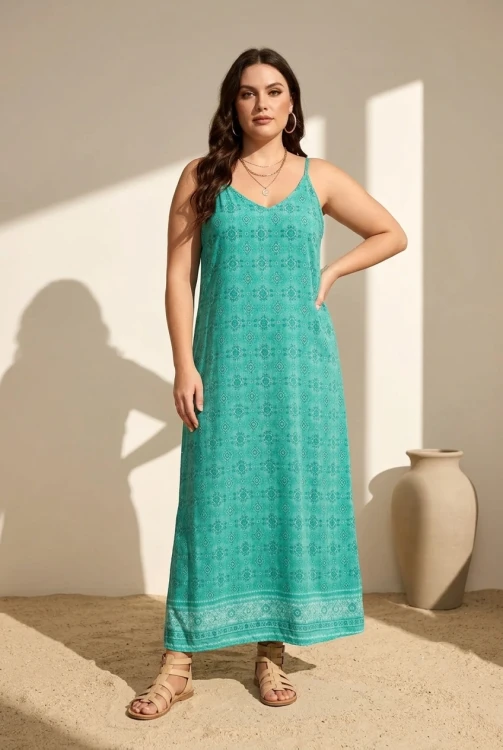 turkusowa sukienka blue lagoon dress long wiskoza z kieszeniami big size xl