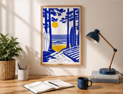 grafika ilustracja surfing ocean plaża spacer las fale kobalt kilmo studio