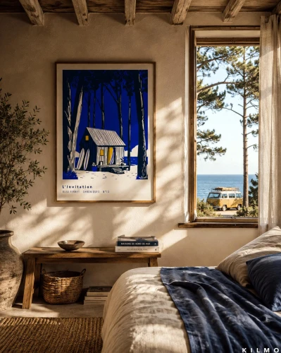 grafika ilustracja surfing domek chatka ocean plaża las kobalt kilmo studio zaproszenie światło