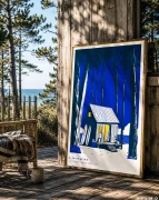 grafika ilustracja surfing domek chatka ocean plaża las kobalt kilmo studio zaproszenie światło