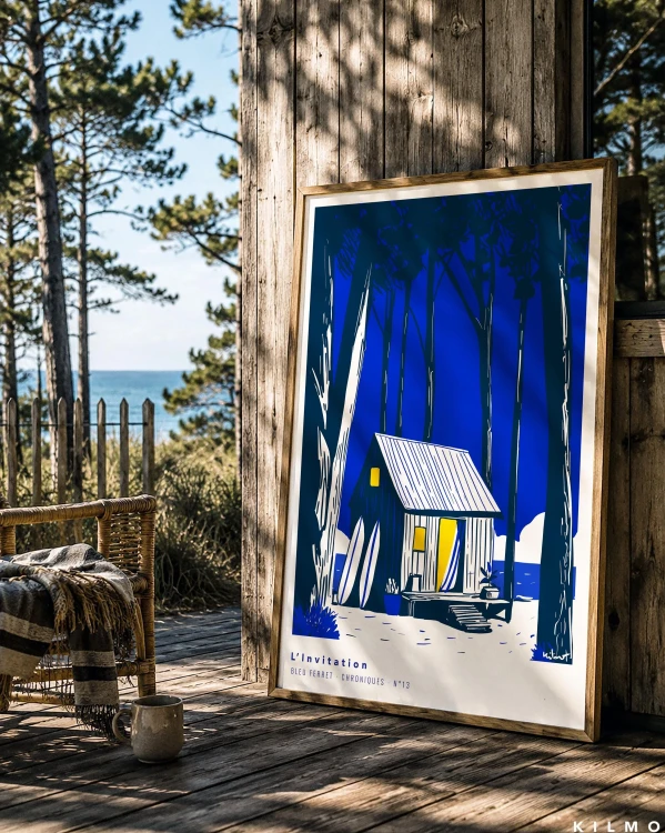 grafika ilustracja surfing domek chatka ocean plaża las kobalt kilmo studio zaproszenie światło