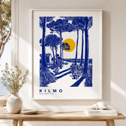 grafika ilustracja surfing domek chatka ocean plaża las kobalt kilmo studio słońce rower droga
