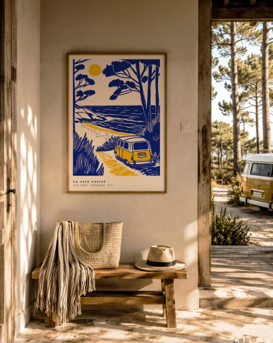 grafika ilustracja ocean plaża las kobalt kilmo studio bus plaża miejsce droga