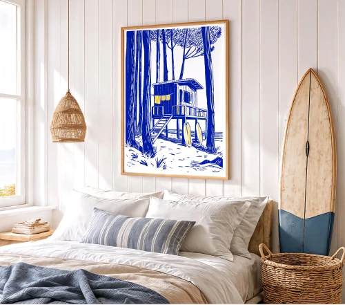 grafika ilustracja ocean plaża las kobalt kilmo studio deski surfing chata domek