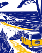 grafika ilustracja ocean plaża las kobalt kilmo studio bus plaża miejsce droga mpiasek